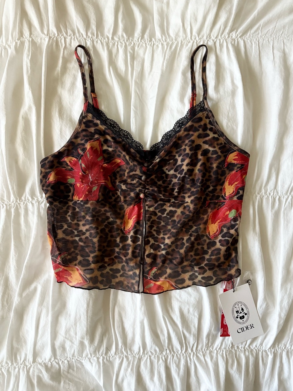 Cider Leopard Print Mesh Cami with Red Floral Accent